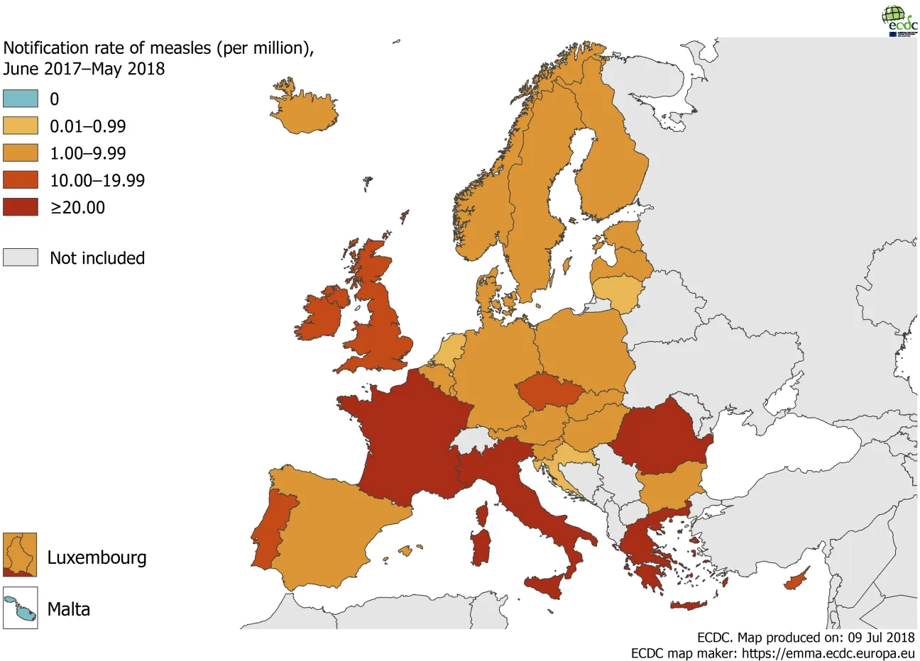 Measles notification rate per million population by country, June 2017 – May 2018, EU/EEA countries