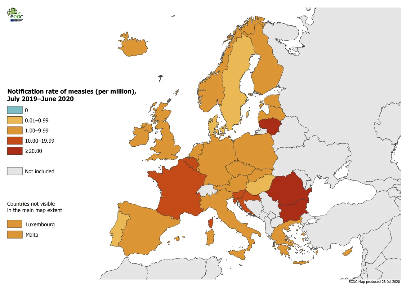 Measles notification rate per million population by country, EU/EEA and the UK, July 2019 -  June 2020
