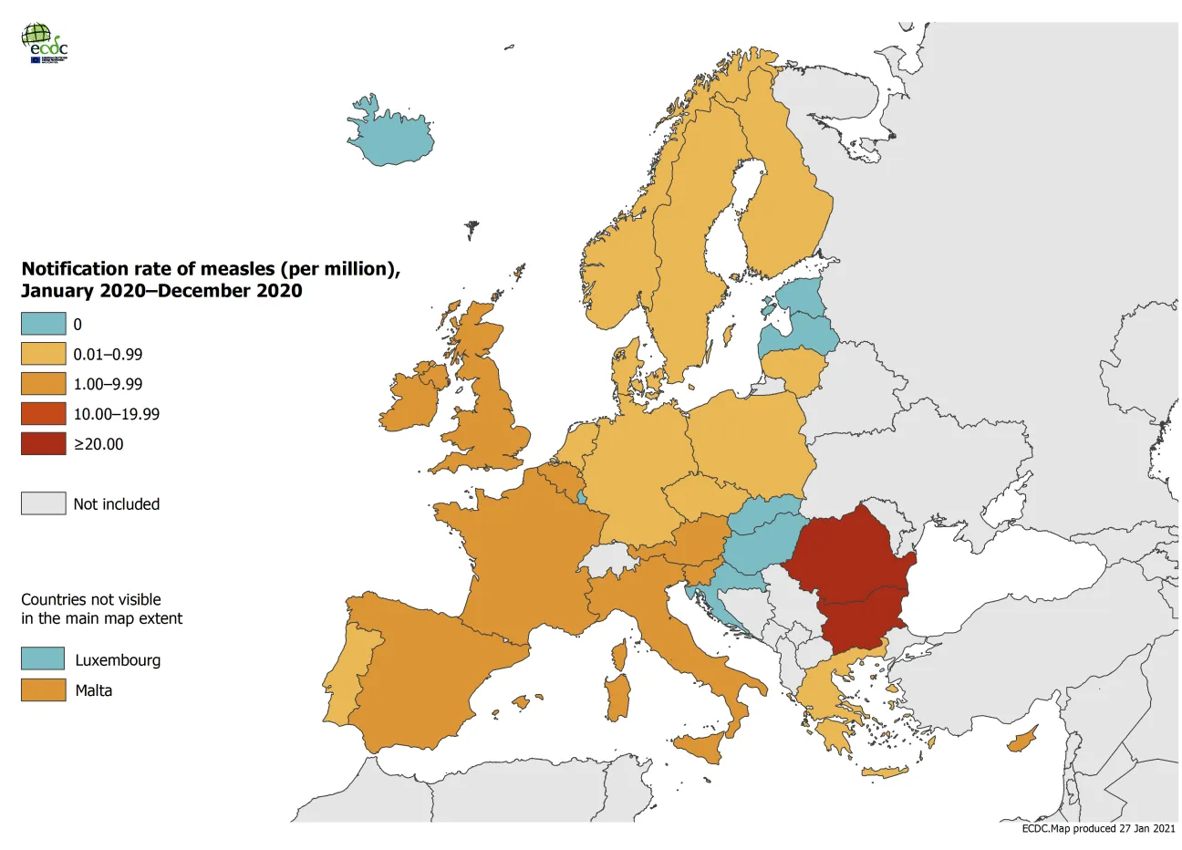 Measles notification rate per million population by country, January 2020 - December 2020