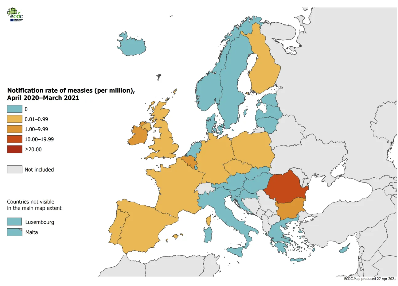 Measles notification rate per million population by country, April 2020 - March 2021