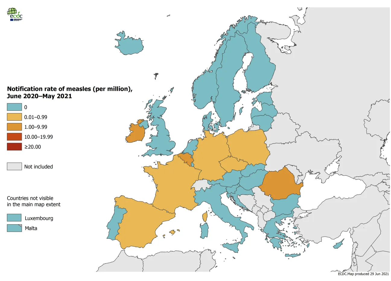 Measles notification rate per million population by country, June 2020 - May 2021