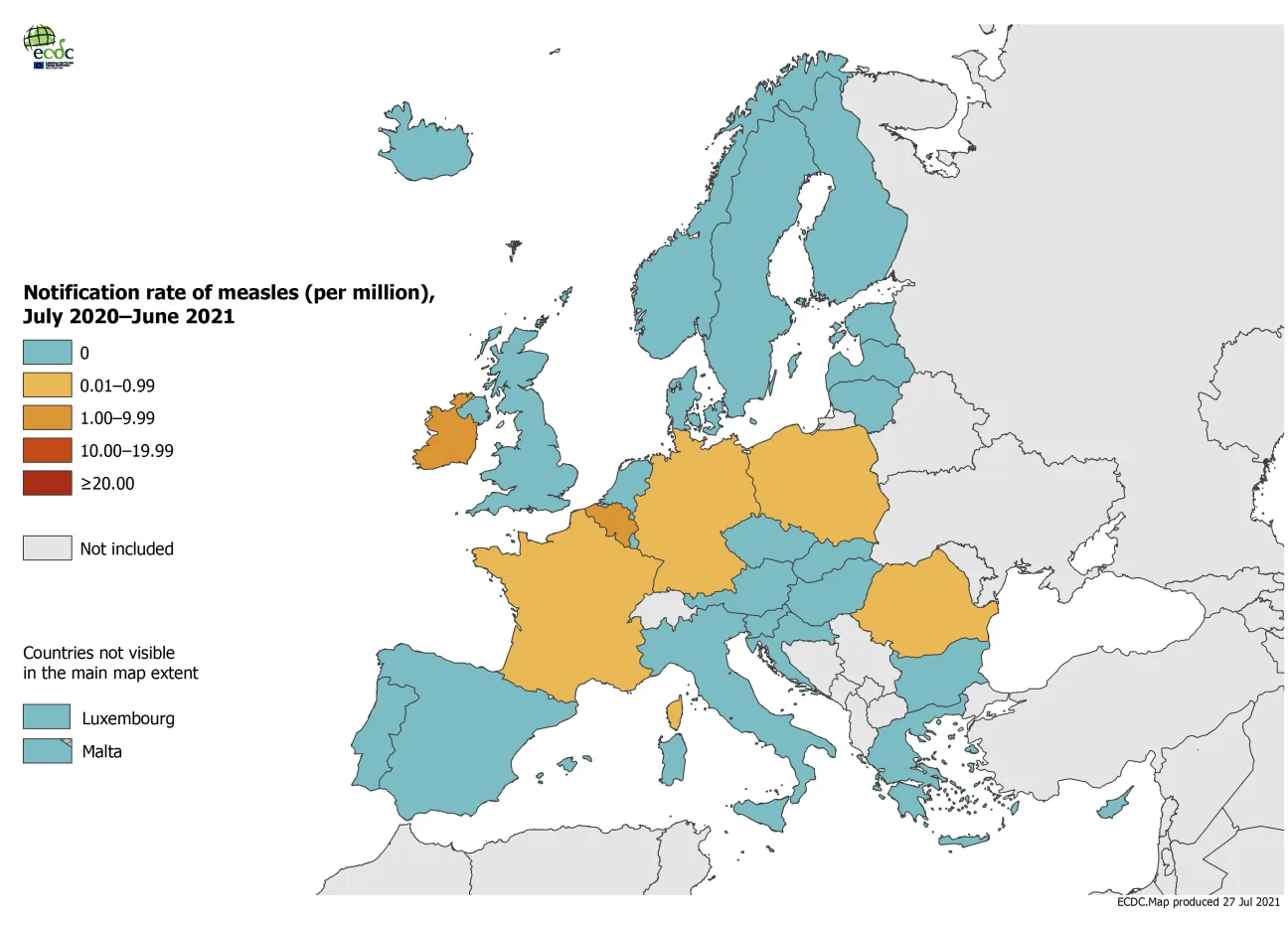Notification rate of measles per million population by country, July 2020 – June 2021
