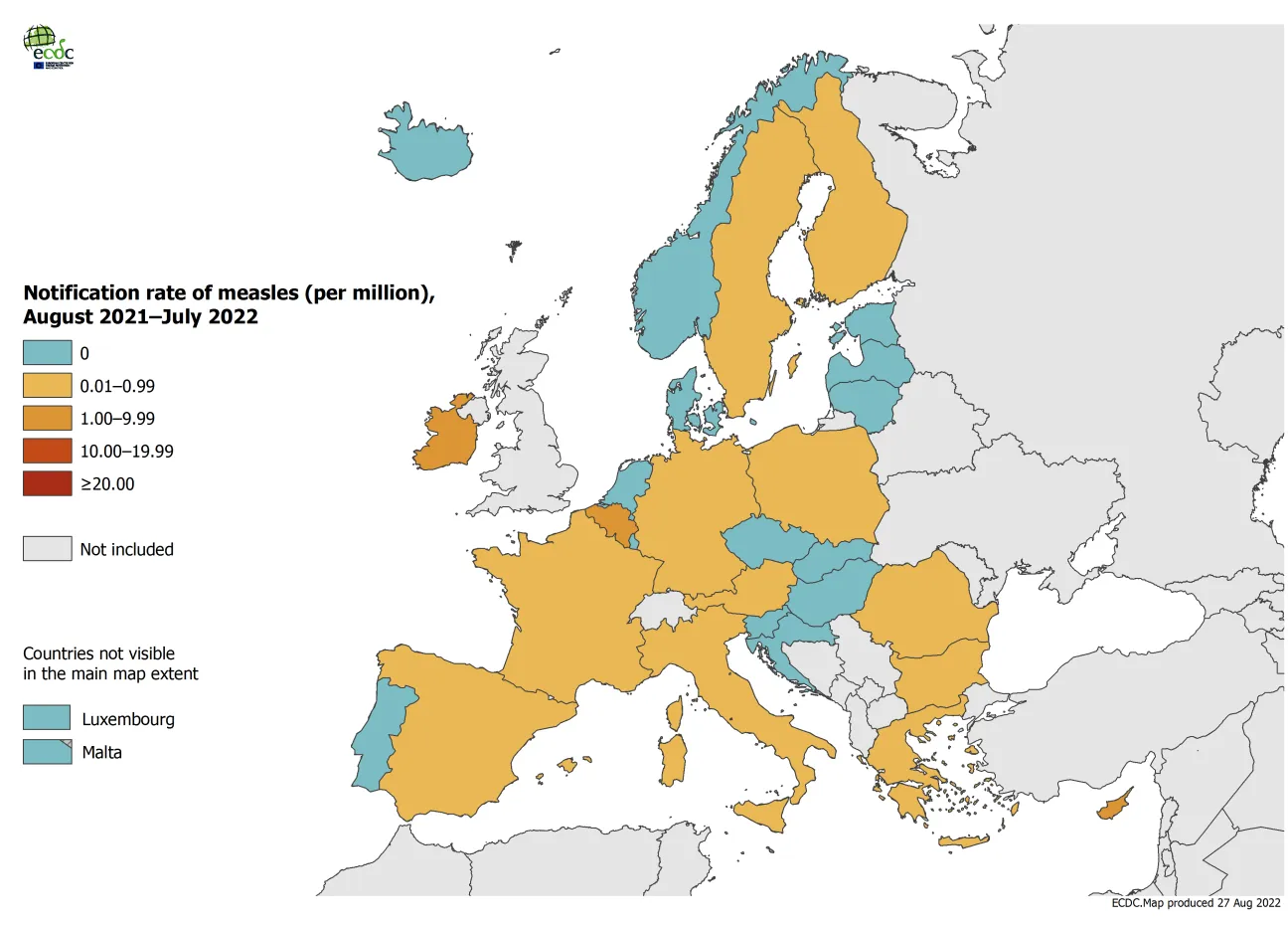 Notification rate of measles per million population by country, August 2021 – July 2022