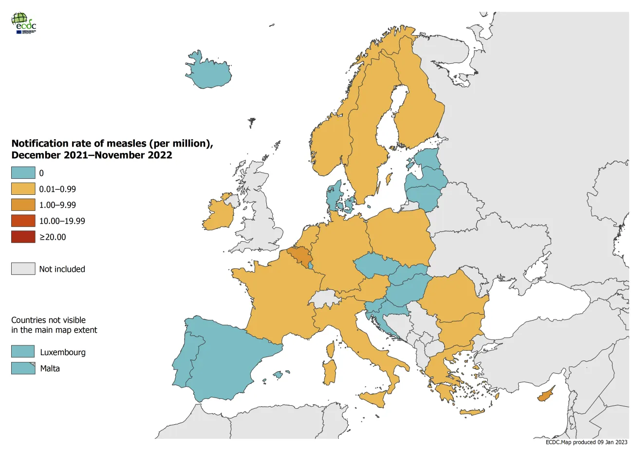 Notification rate of measles per million population by country, December 2021 - November 2022