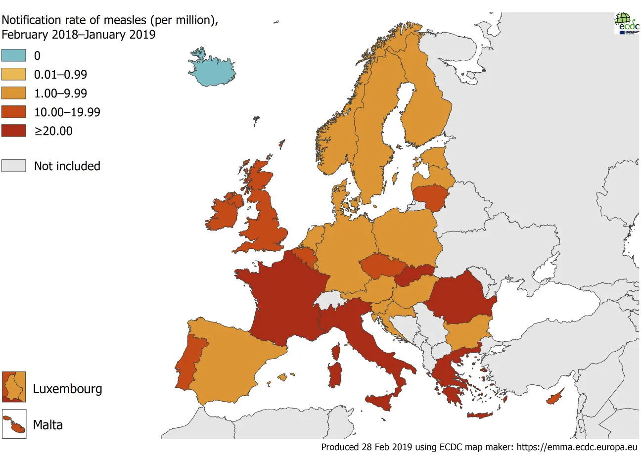 Measles notification rate per million population by country, EU/EEA, 1 February 2018 to 31 January 2019