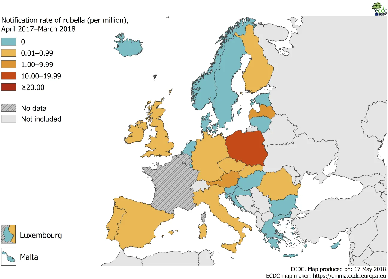 Rubella notification rate per million population by country, 1 April 2017 – 31 March 2018, EU/EEA countries