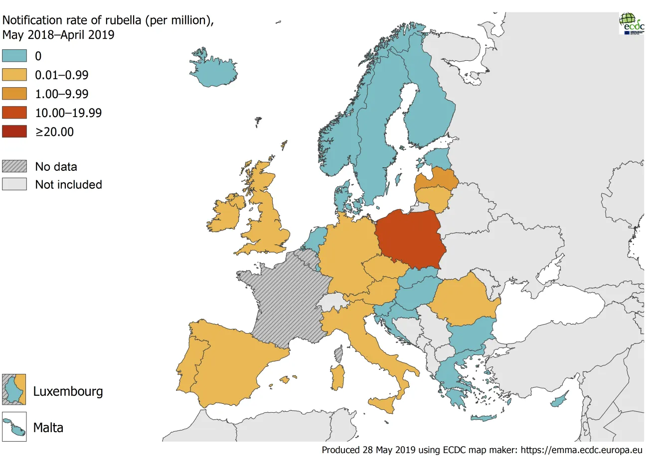 Rubella notification rate per million population by country, EU/EEA, 1 May 2018–30 April 2019