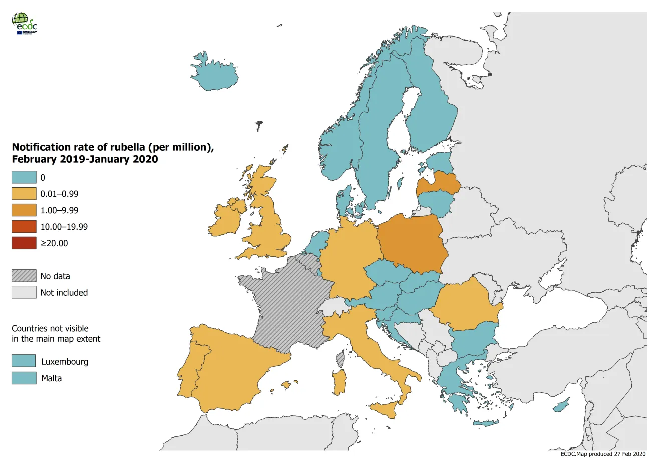 Rubella notification rate per million population by country, EU/EEA, 1 February 2019–31 January 2020