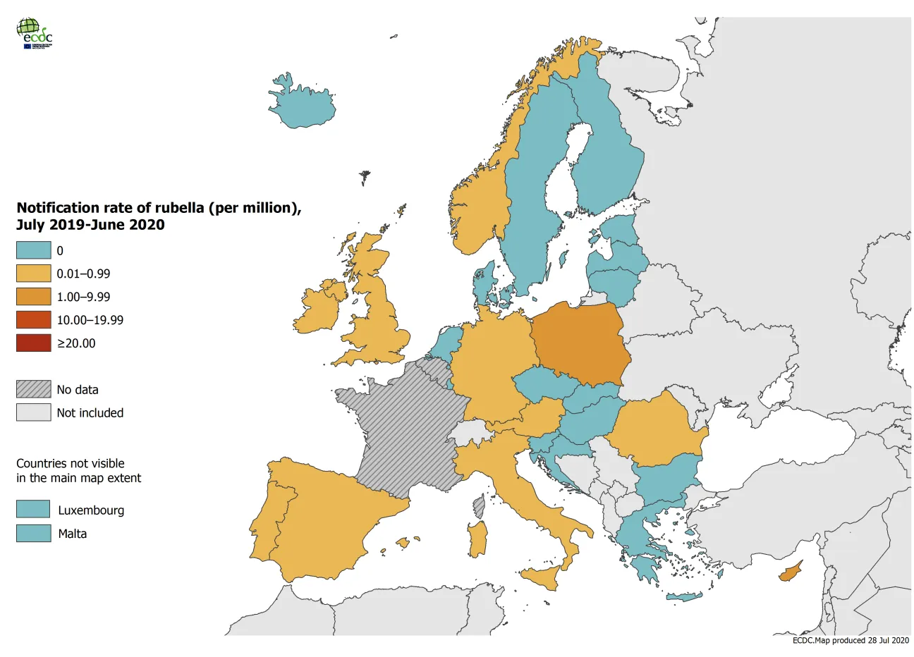 Rubella notification rate per million population by country, EU/EEA and the UK, 1 July 2019 - 30 June 2020
