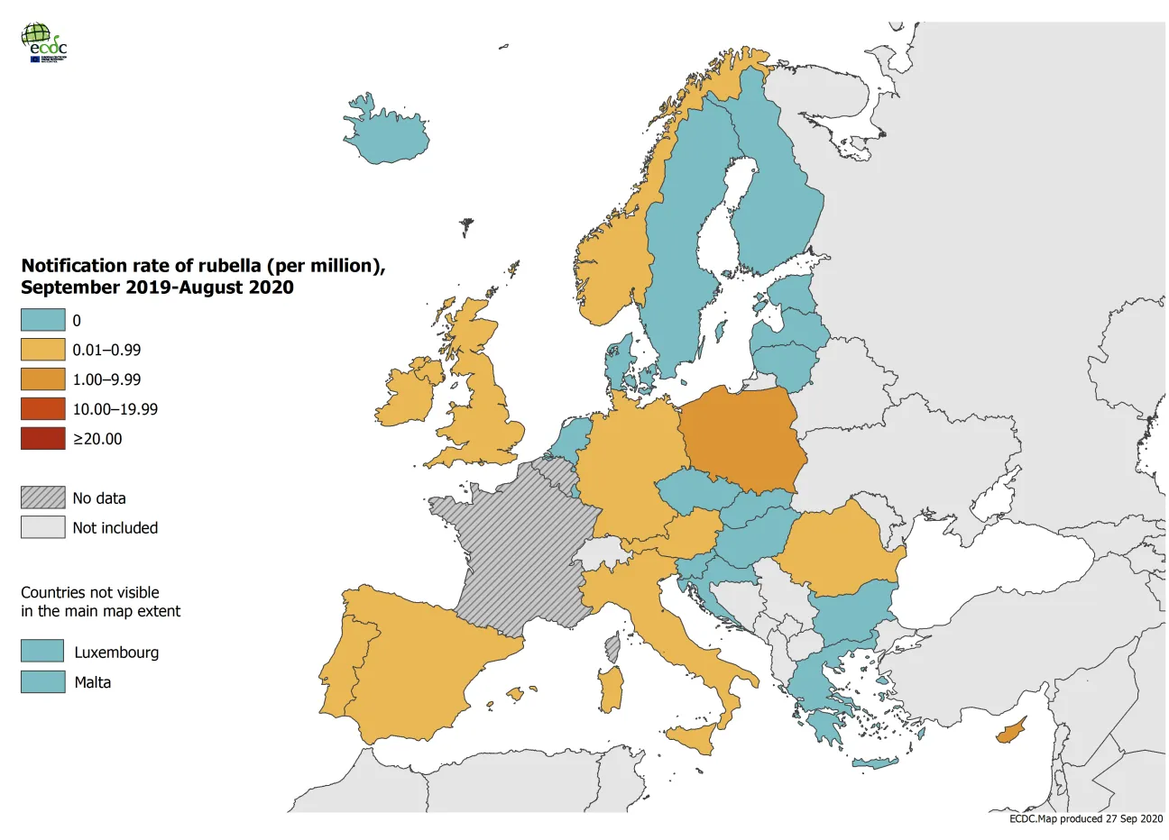 Rubella notification rate per million population by country, EU/EEA and the UK, September 2019 - August 2020