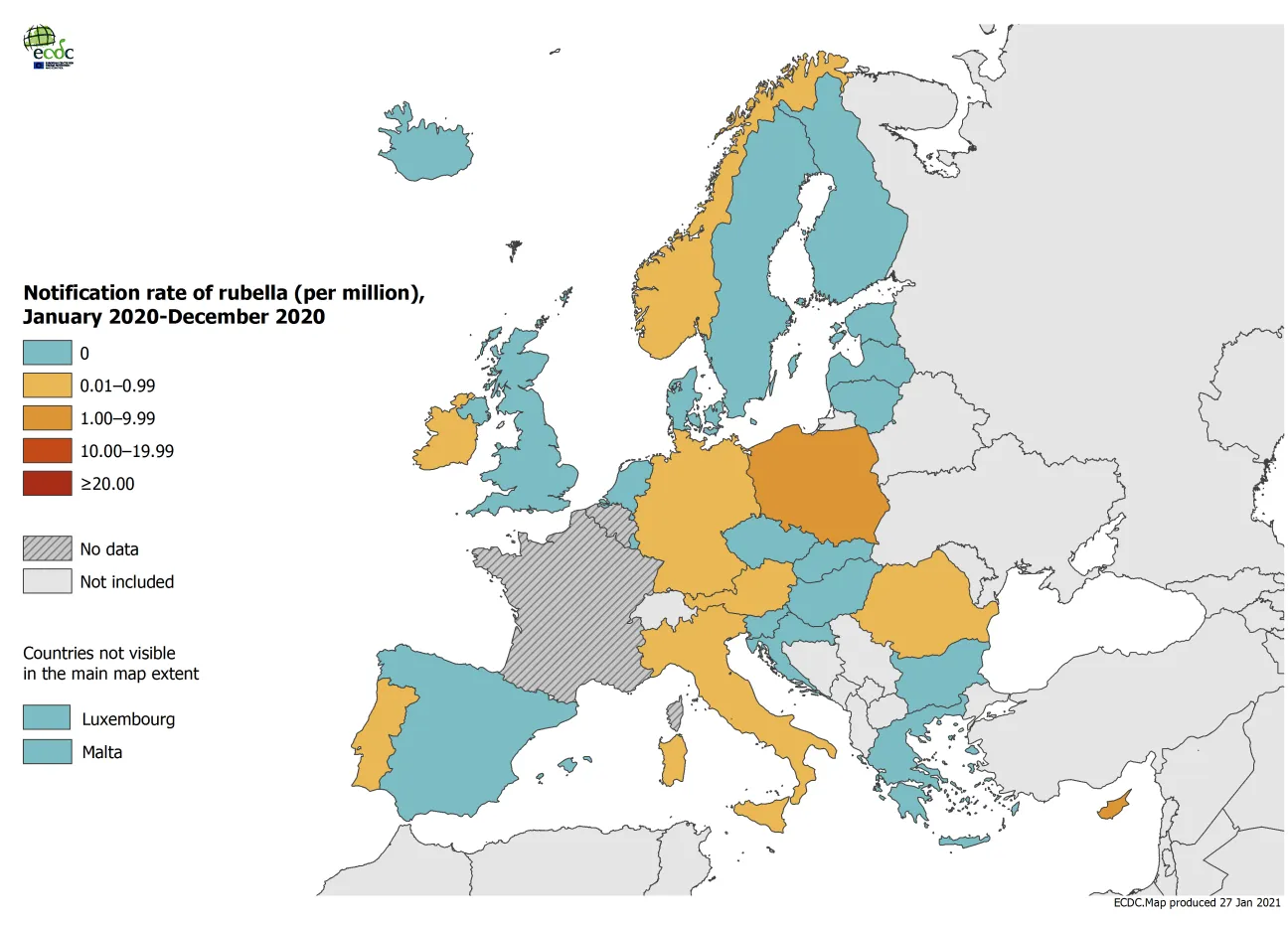 Number of rubella cases by month and notification rate per million population by country, January 2020– November 2020