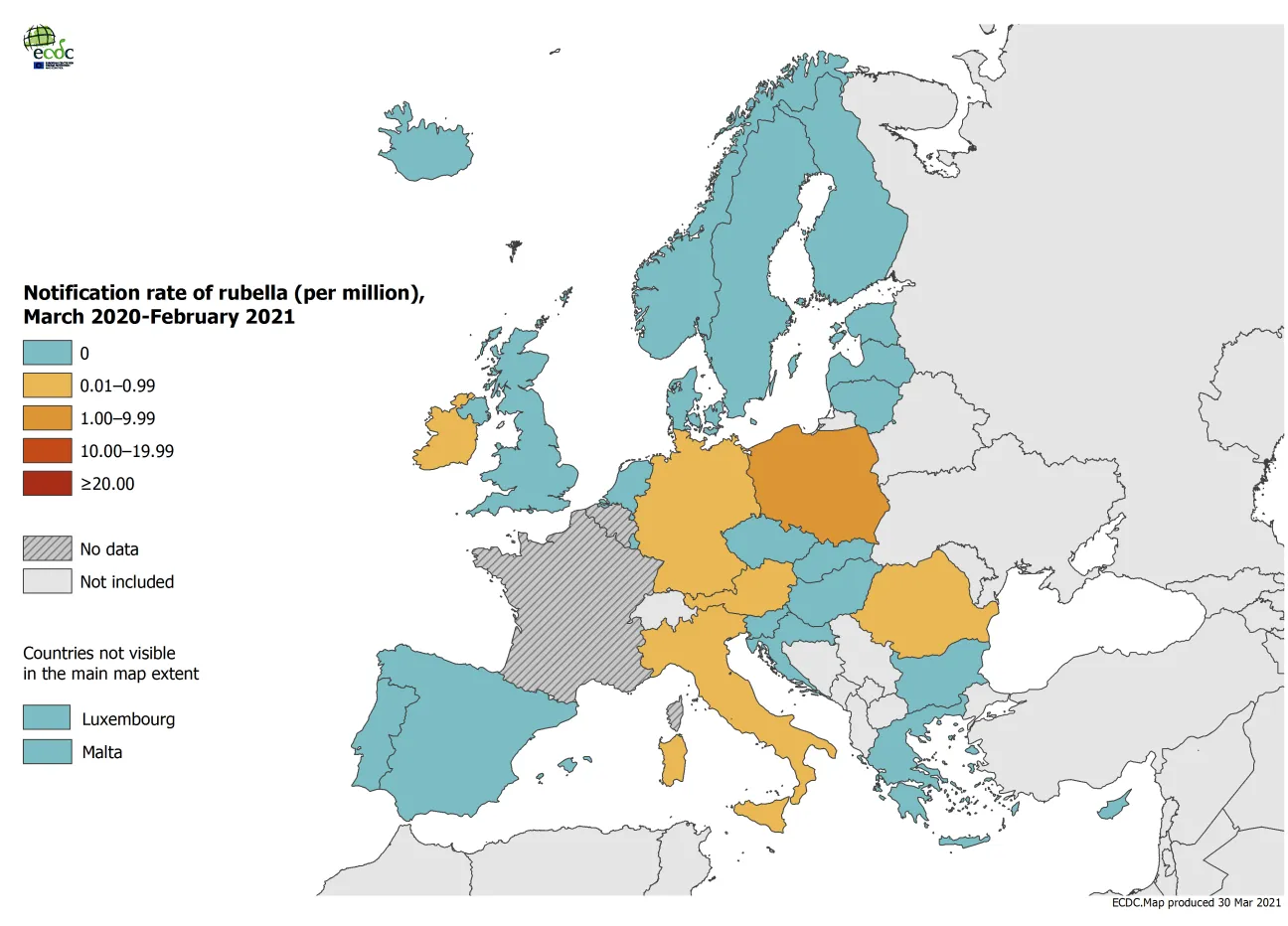 Number of rubella cases by month and notification rate per million population by country, March 2020 – February 2021