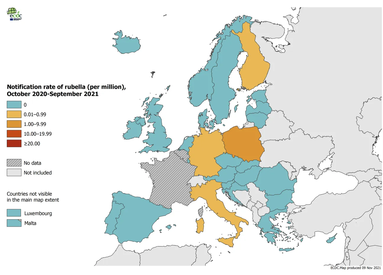 Notification rate of rubella per million population by country, October 2020 – September 2021