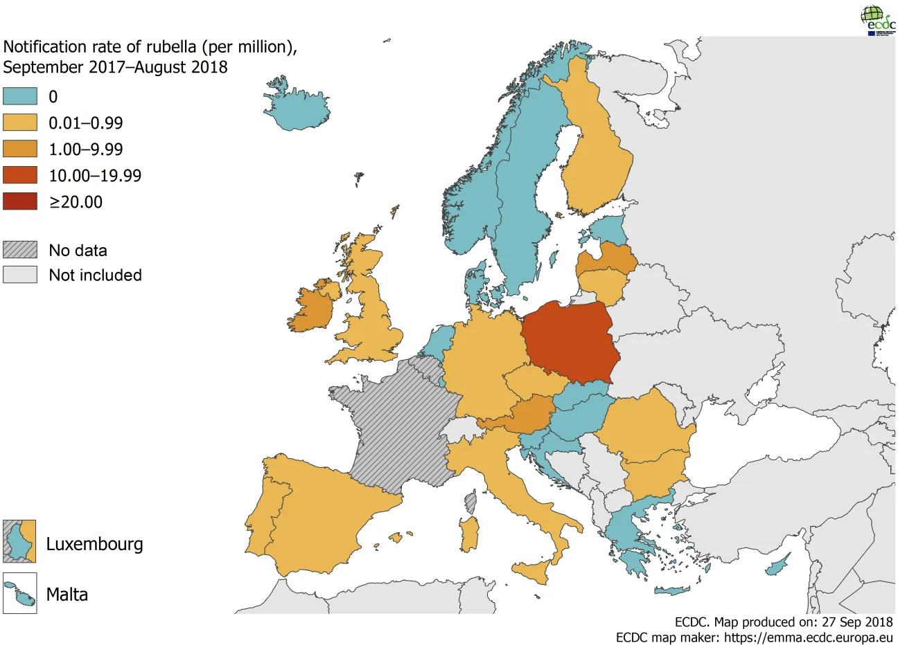 Rubella notification rate per million population by country, EU/EEA, 1 September 2017– 31 August 2018 