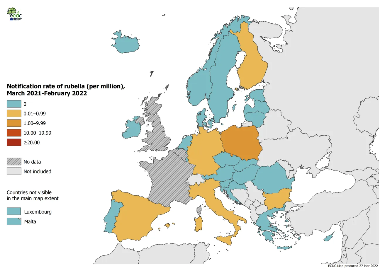 Notification rate of rubella per million population by country, March 2021 – February 2022
