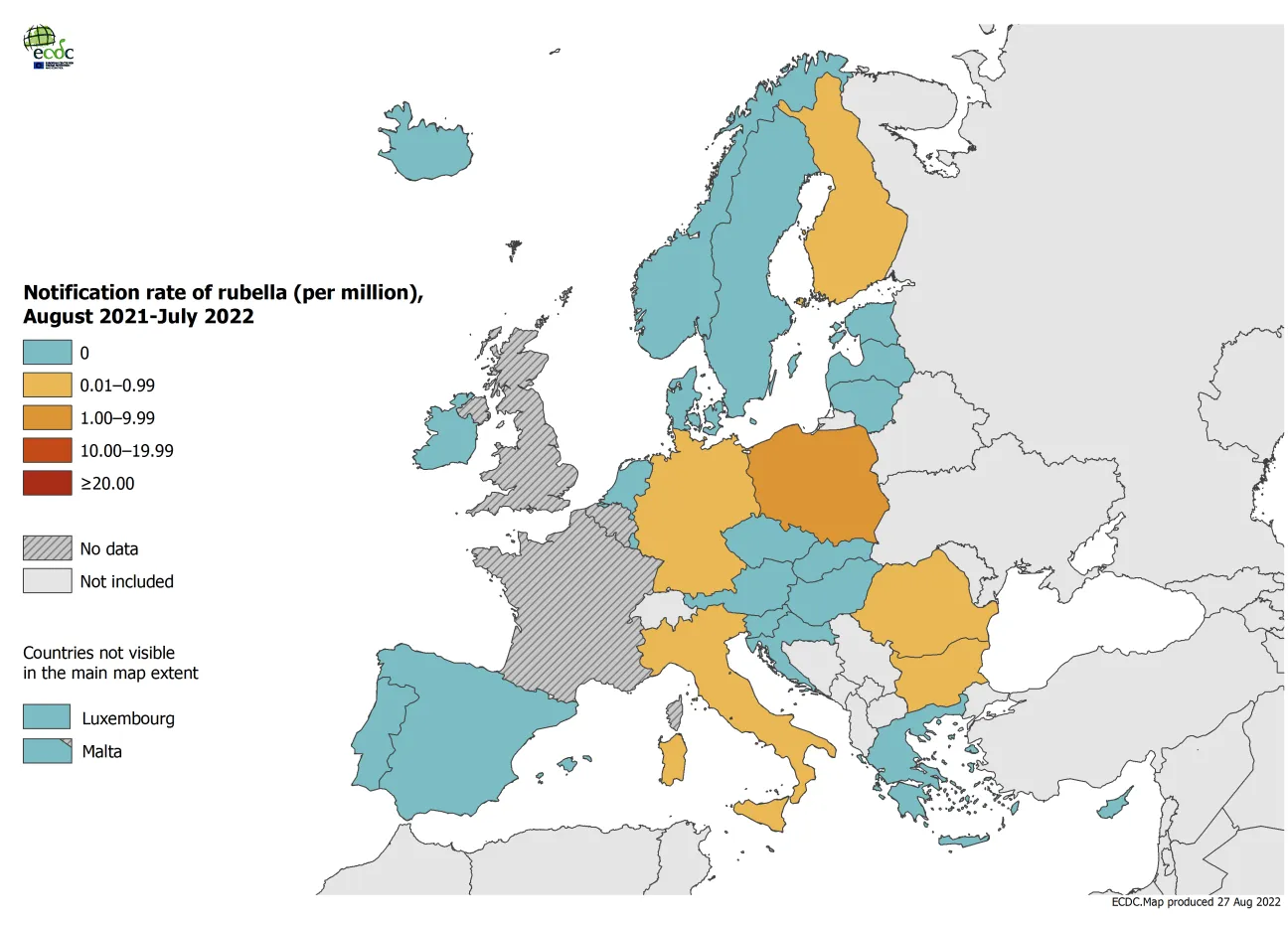 Notification rate of rubella per million population by country, August 2021 – July 2022