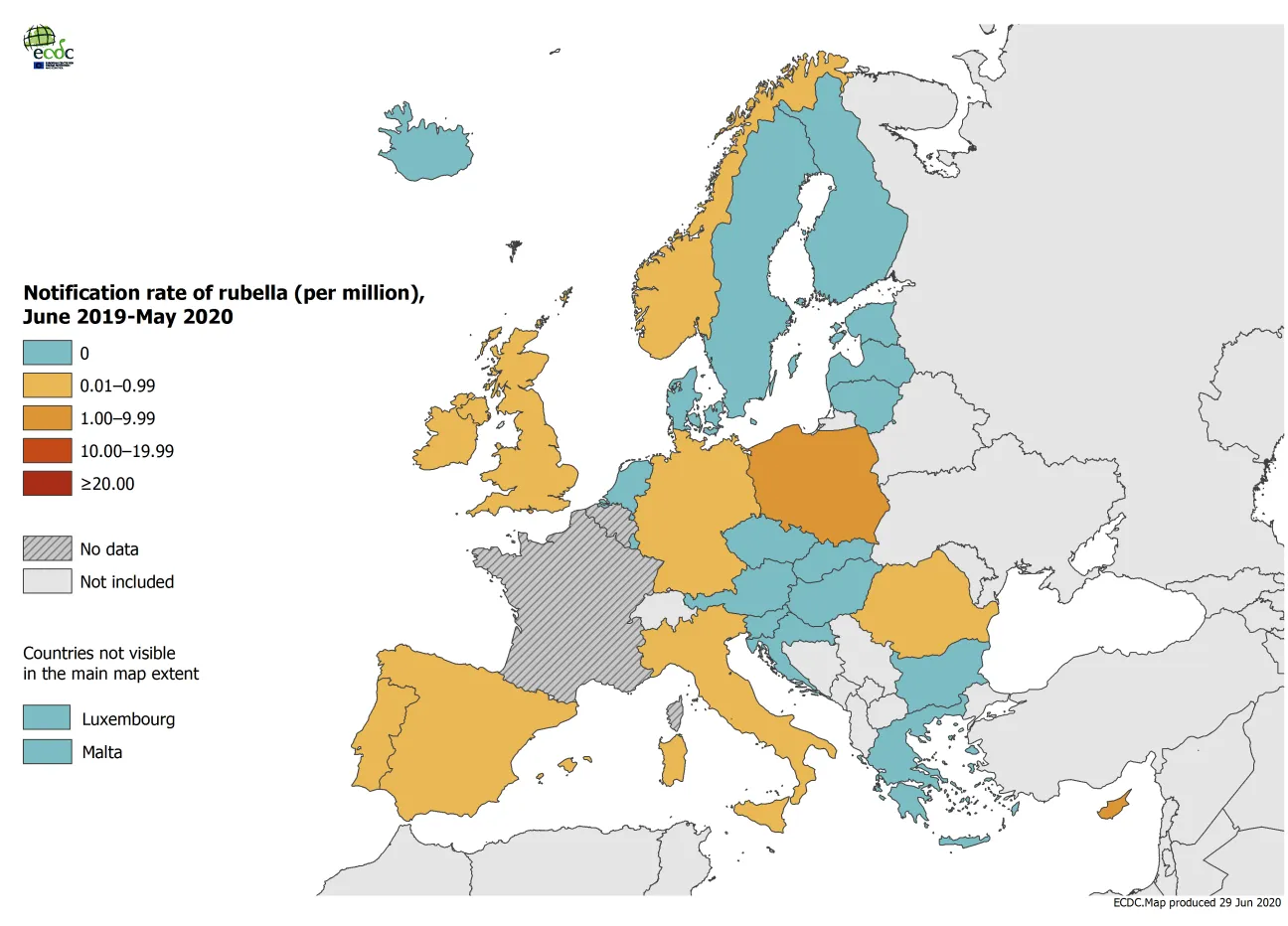 Rubella notification rate per million population by country, EU/EEA and the UK, 1 June 2019 - 31 May 2020