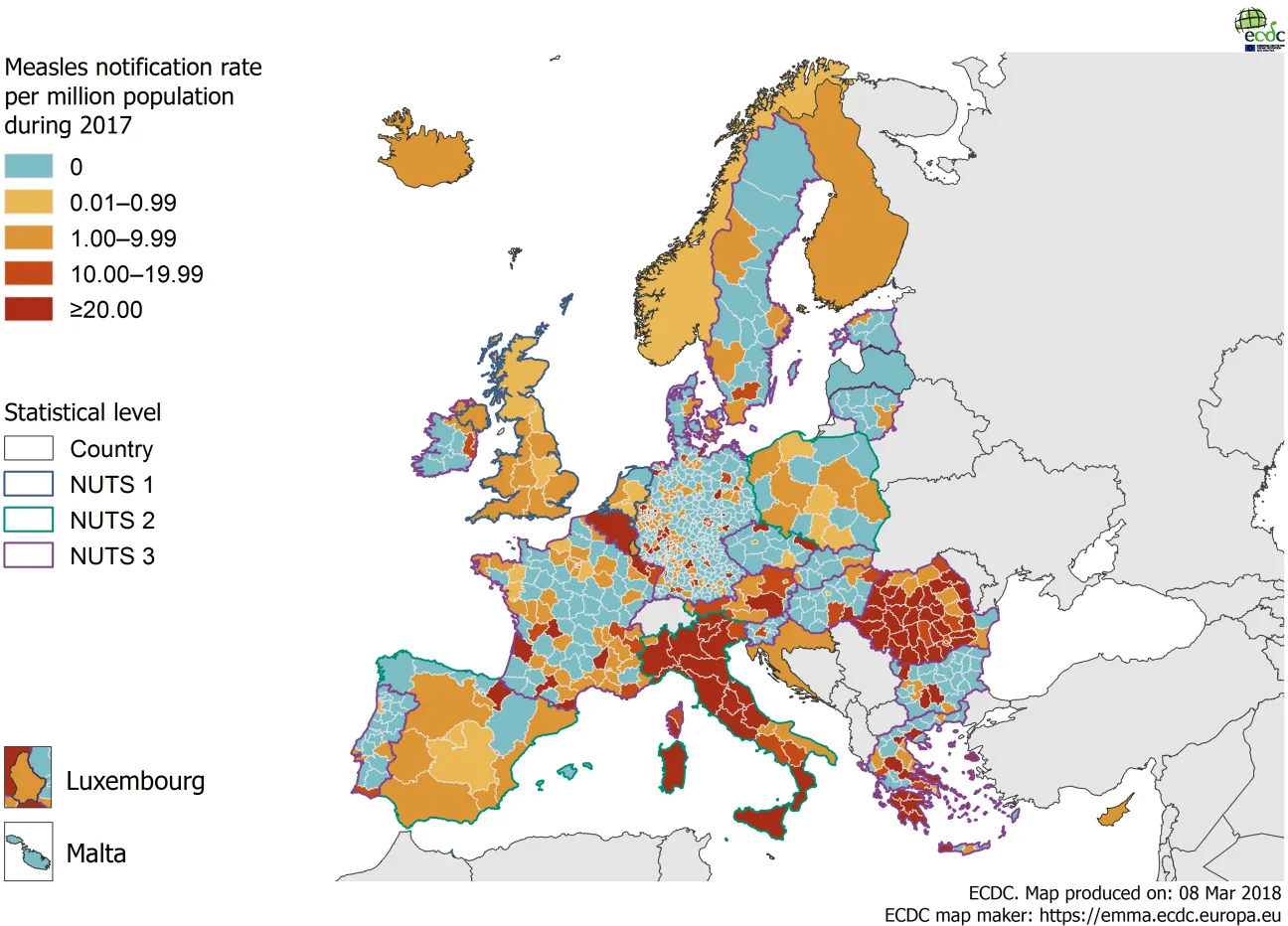 Subnational distribution of measles cases per million population by place of notification*, EU/EEA, 1 January 2017–31 December 2017