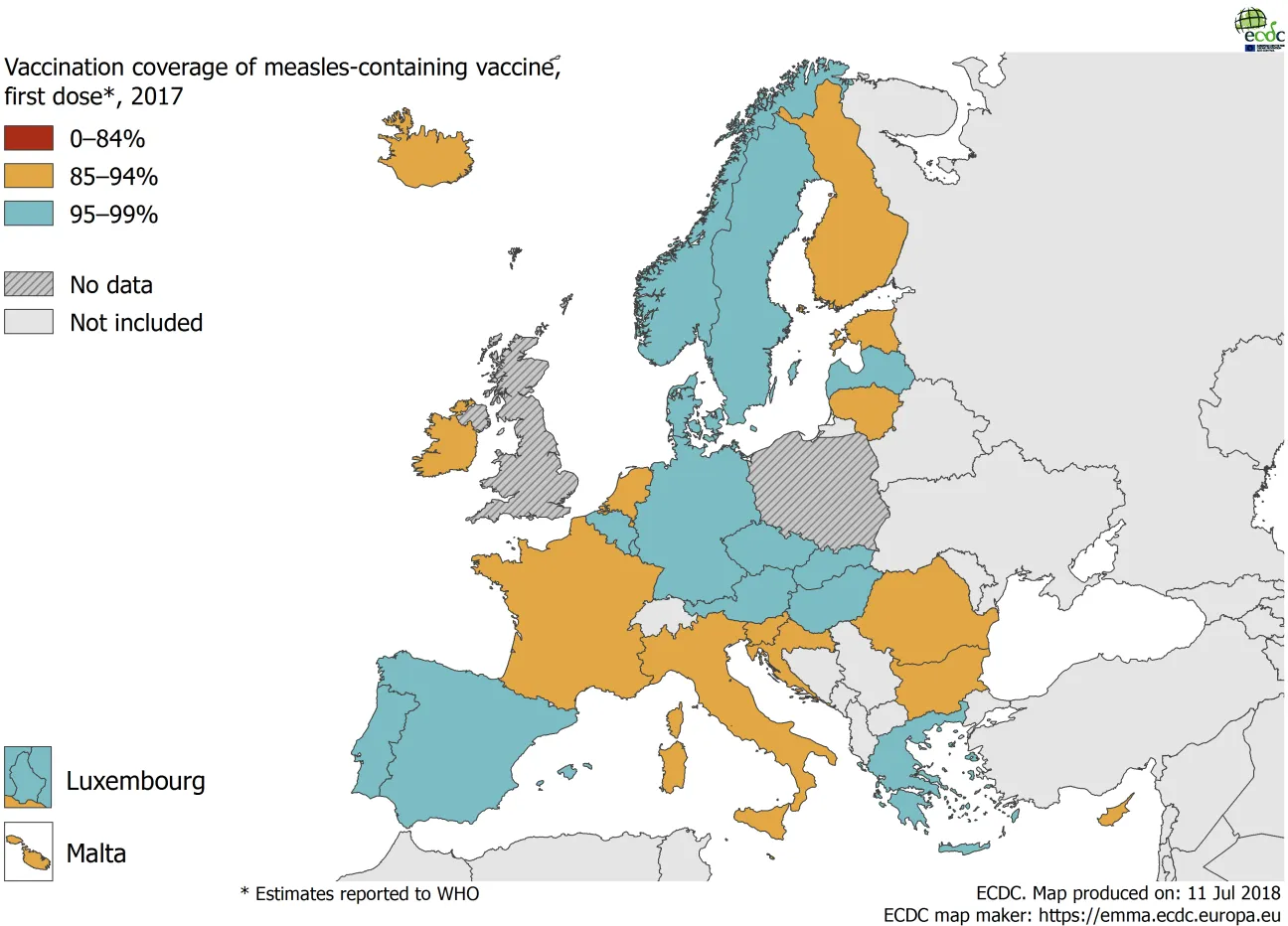Vaccination coverage for the first dose of measles-containing vaccine by country, 2017, WHO, EU/EEA countries