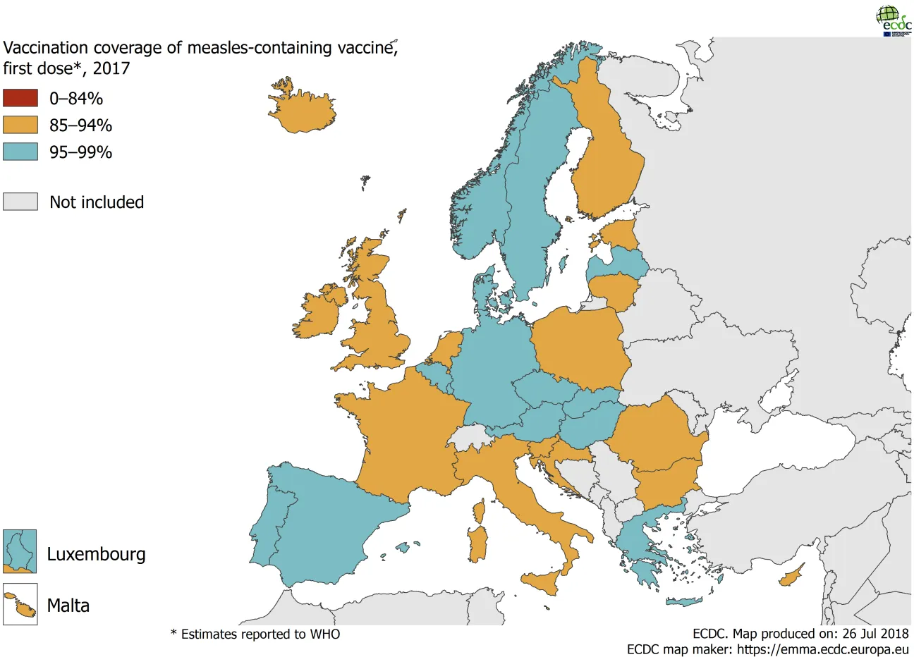 Map showing the vaccination coverage for the first dose of measles containing vaccine, by country, EU/EEA, 2017 