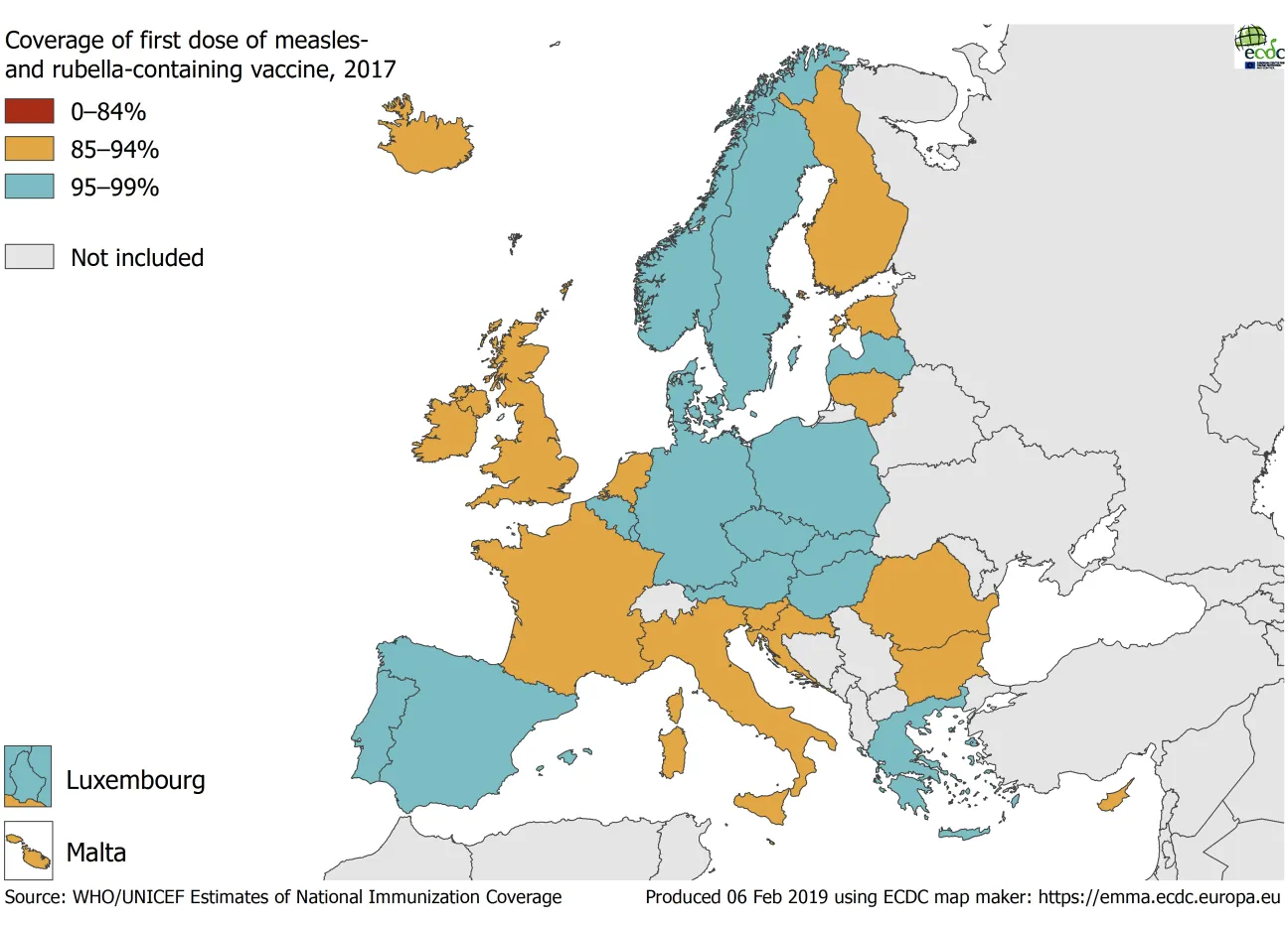 Vaccination coverage for the first dose of measles and rubella-containing vaccine, EU/EEA, 2017