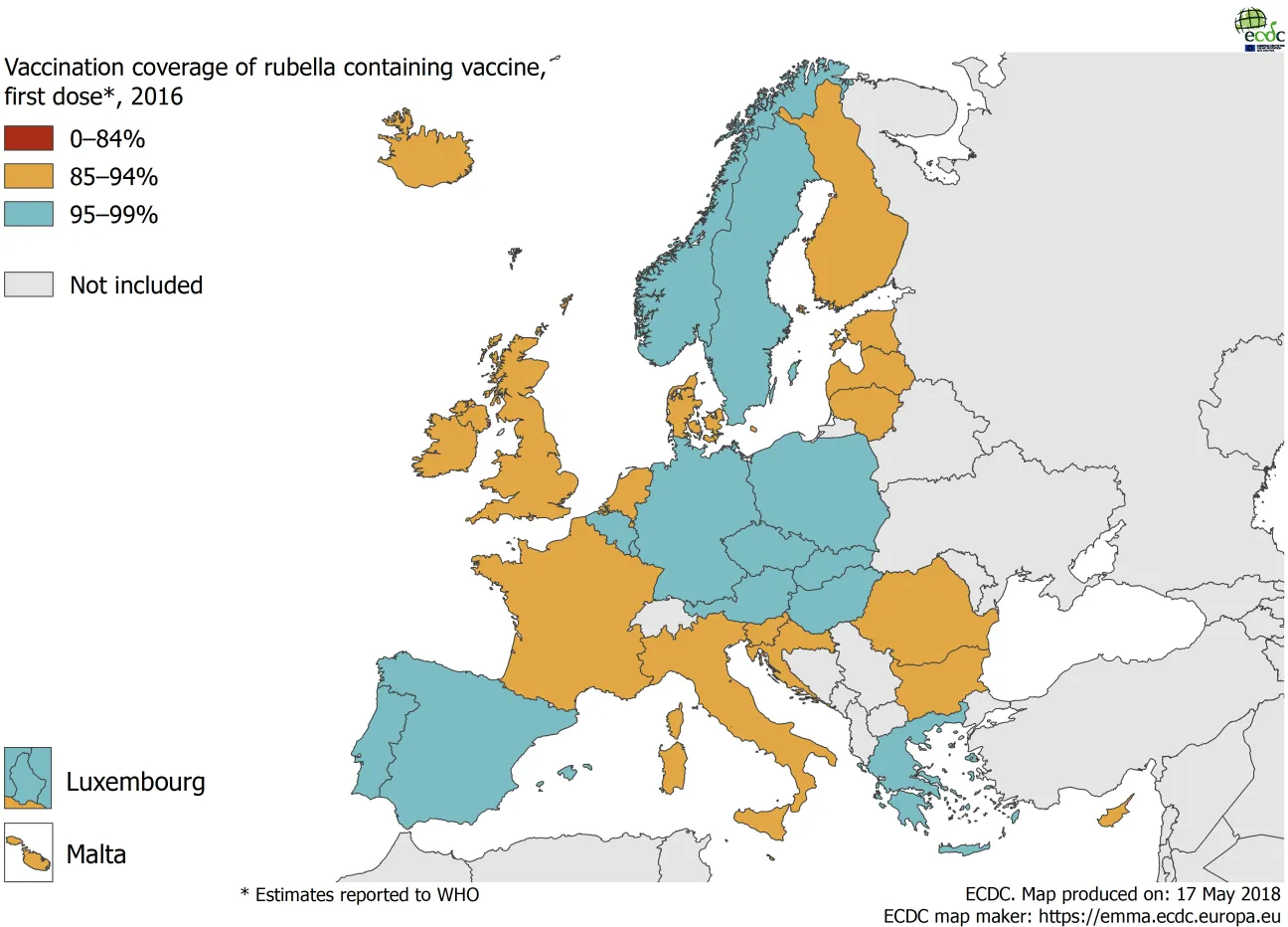 Vaccination coverage for the first dose of rubella-containing vaccine by country, 2016, EU/EEA countries