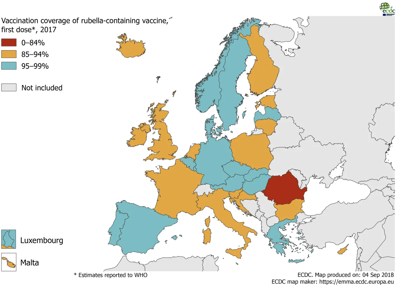  Vaccination coverage for the first dose of rubella-containing vaccine by country, EU/EEA, 2017