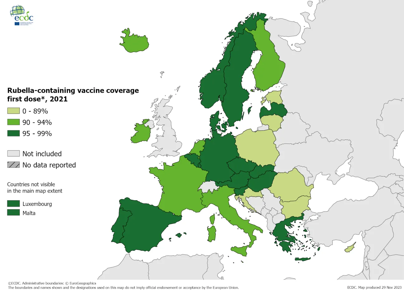 Rubella-containing vaccine coverage first dose, 2021