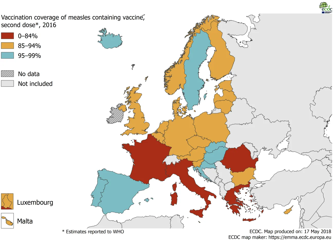 Vaccination coverage for the second dose of measles-containing vaccine by country, 2016, WHO, EU/EEA countries