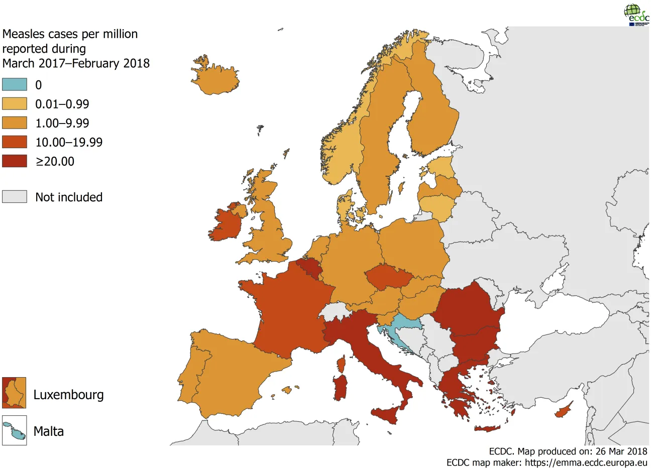 Measles notification rate per million population by country, 1 March 2017 – 28 February 2018, EUEEA countries