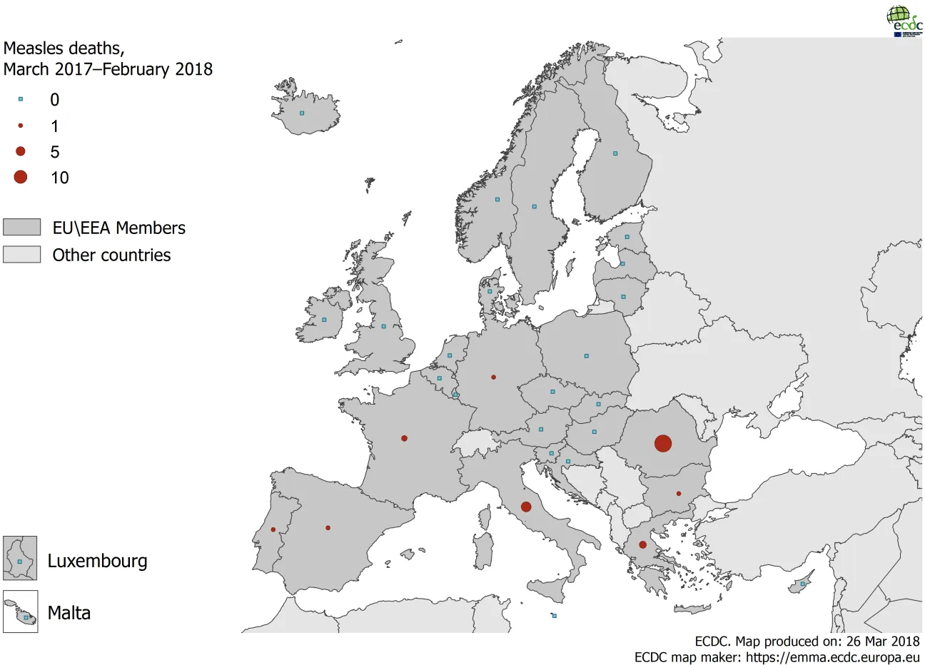  Distribution of measles deaths by country, March 2017–February 2018, EUEEA countries