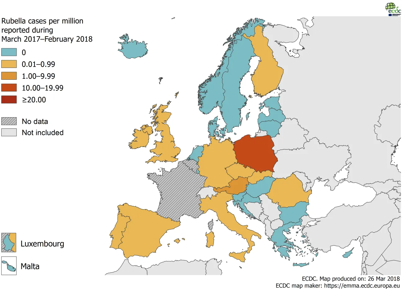 Rubella notification rate per million population by country, 1 March 2017 – 28 February 2018, EUEEA countries
