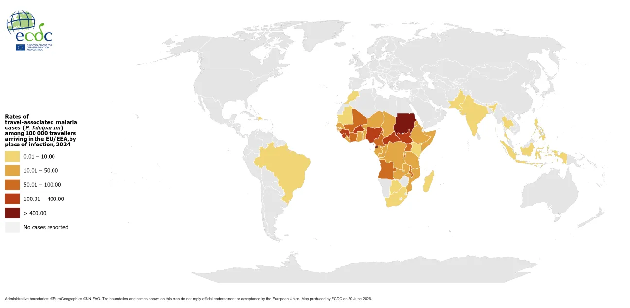 Rates of travel-associated malaria cases (P. falciparum) among 100 000 travellers arriving in the EU/EEA, by place of infection, 2024 