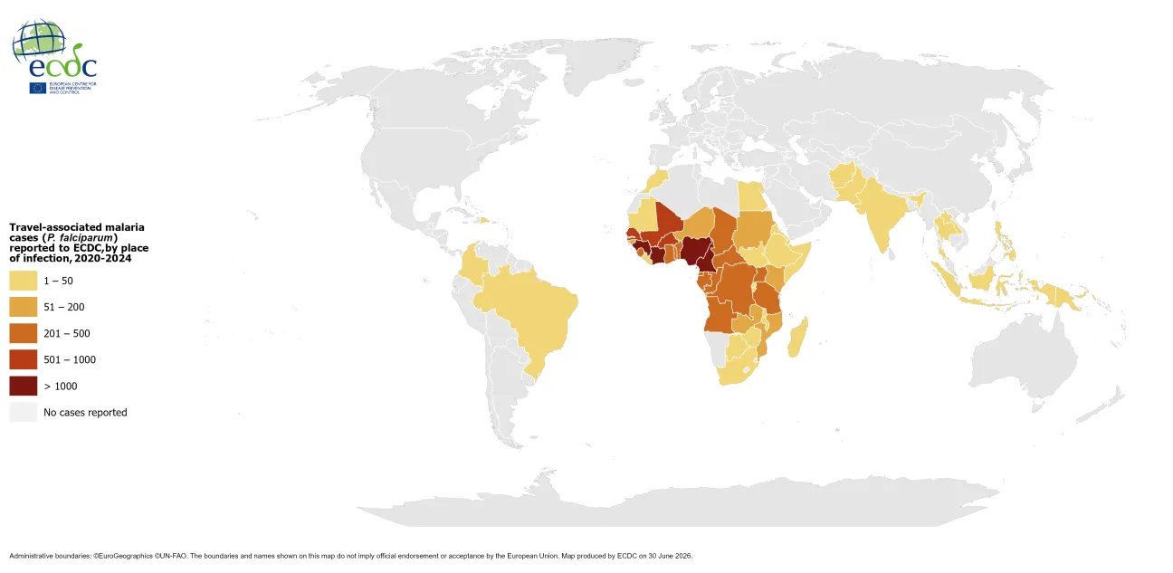 Travel-associated malaria cases (P. falciparum) reported to ECDC, by place of infection, 2020-2024