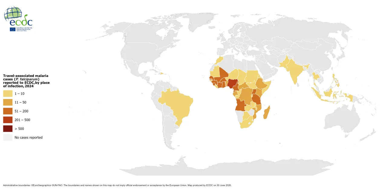 Travel-associated malaria cases reported to ECDC, by place of infection, 2024