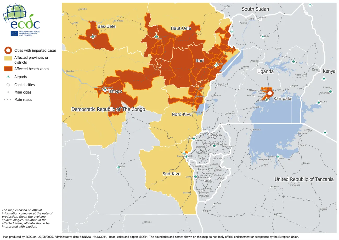 Areas affected by the ongoing Ebola disease outbreak - 21 AUgust 2026