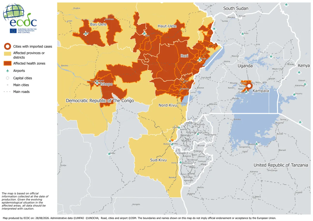 Areas affected by the ongoing Ebola disease outbreak - 28 August 2026