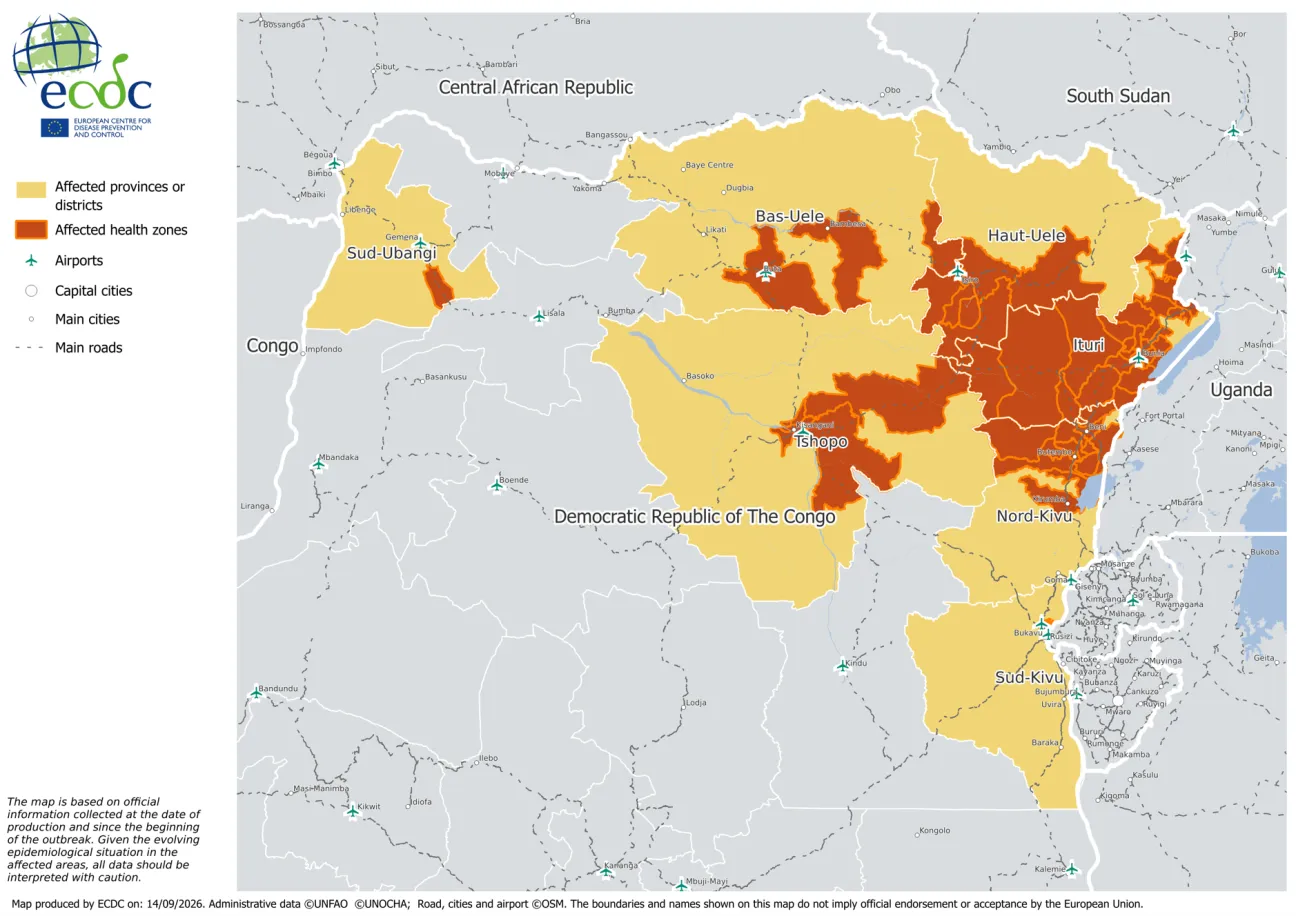 Areas in DRC affected by the ongoing Ebola disease outbreak 18 September 2026