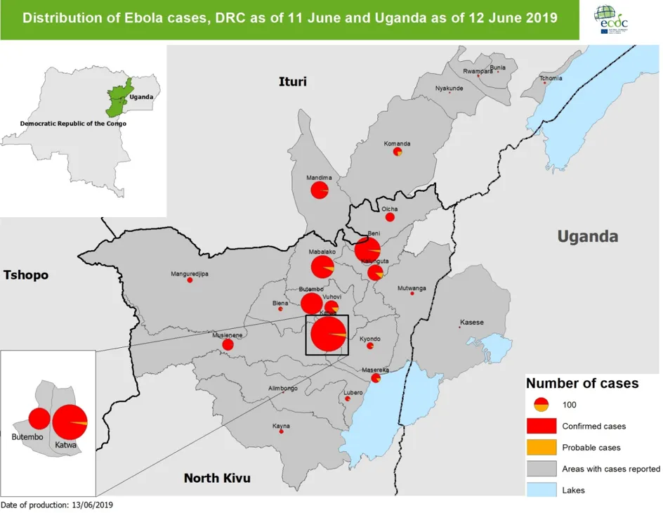 Ebola map, DRC and Uganda, 13 June 2019