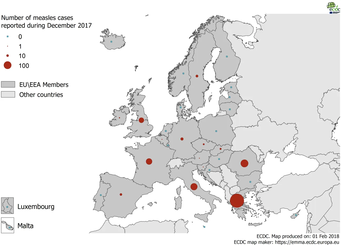 Distribution of measles cases by country, December 2017 in EU/EEA countries