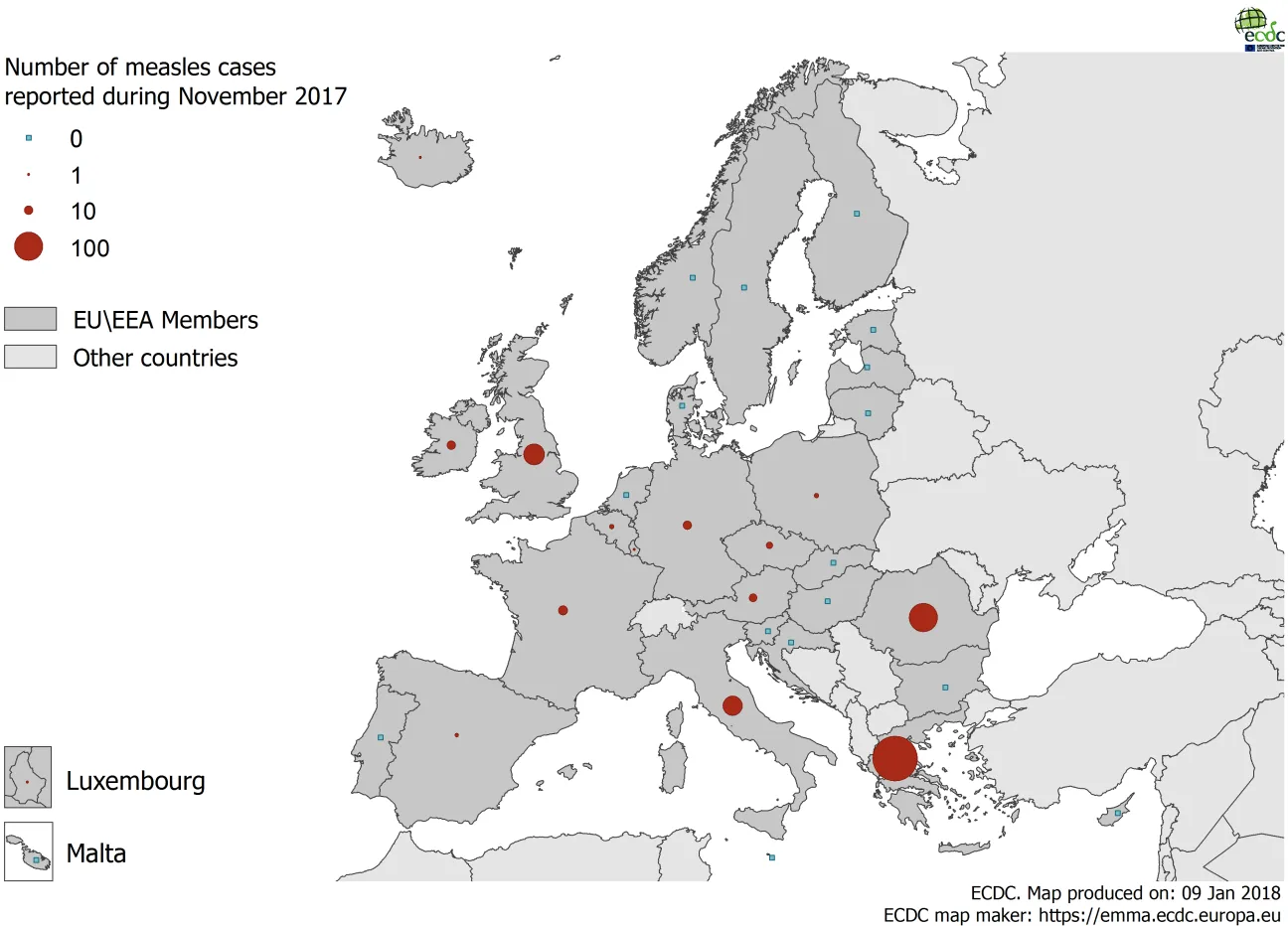 Distribution of measles cases by country, November 2017 in EU/EEA countries