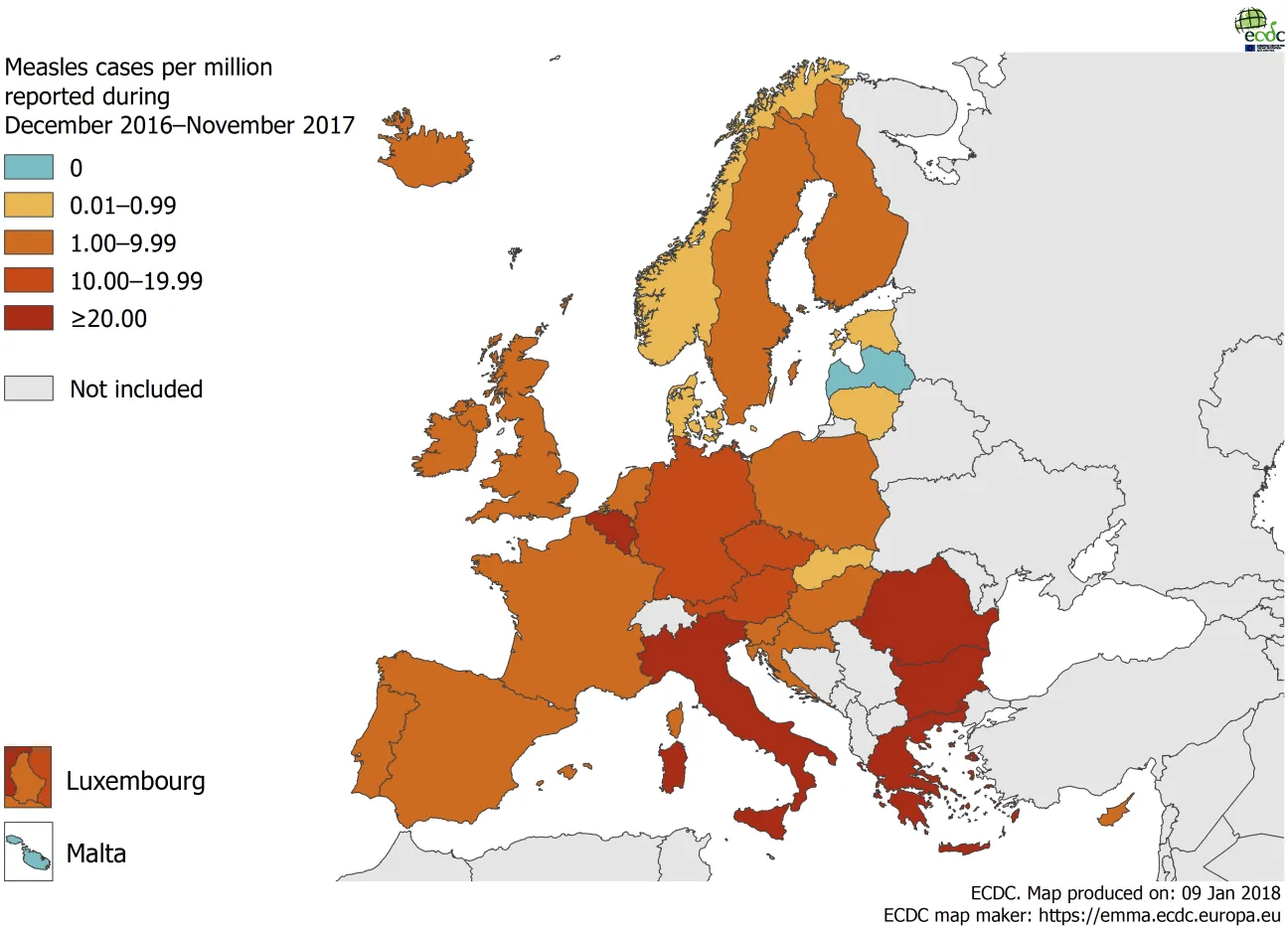 Measles notification rate per million population by country, 1 December 2016 – 30 November 2017, EU/EEA countries