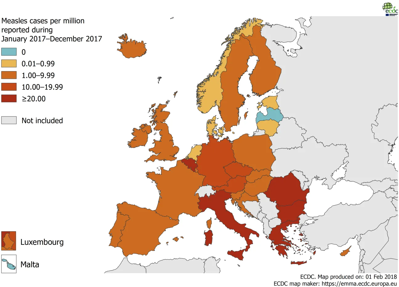Measles notification rate per million population by country, 1 December 2016 – 30 November 2017, EU/EEA countries
