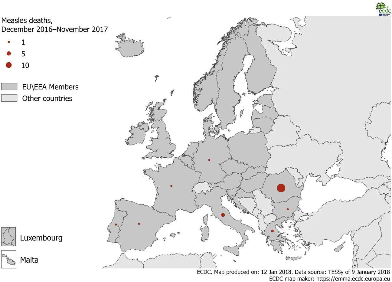 Distribution of measles deaths by country, December 2016–November 2017, EU/EEA countries