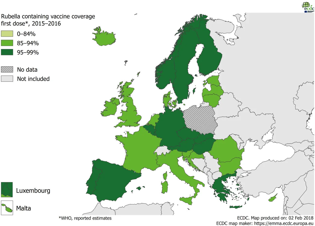 Vaccination coverage for the first dose of rubella-containing vaccine by country, 2015–2016, EU/EEA countries