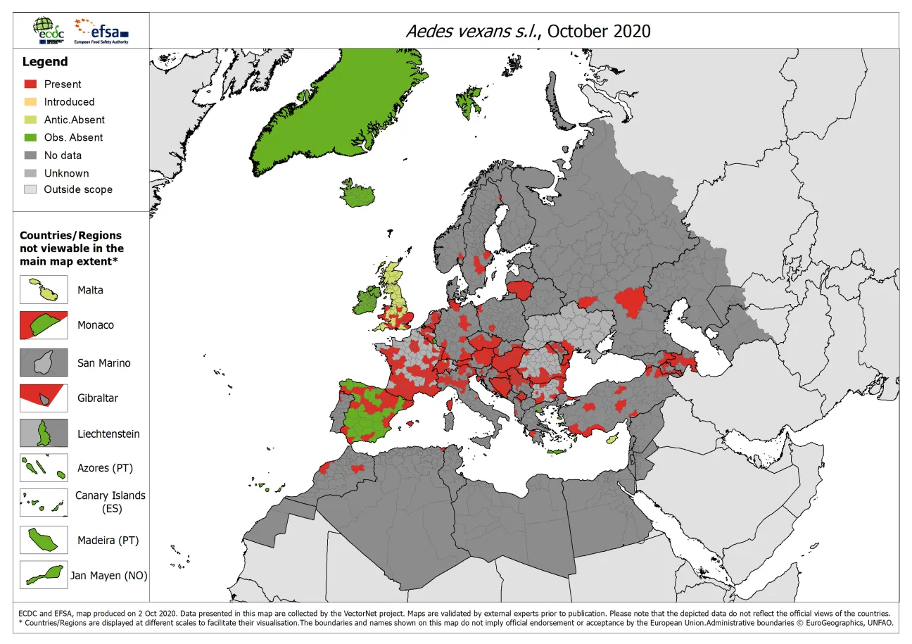 Aedes vexans s.l. - current known distribution: October 2020