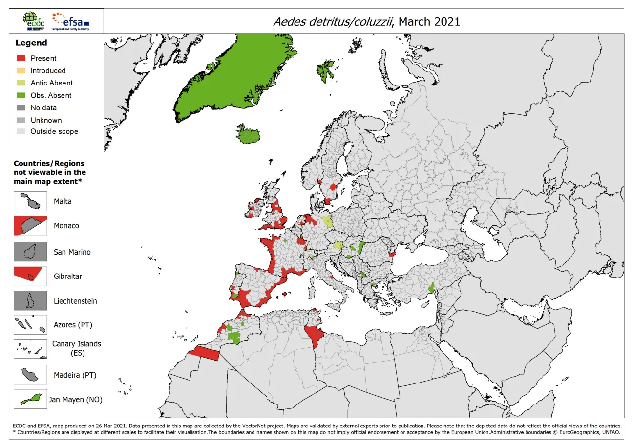 Aedes detritus/Aedes coluzzii - current known distribution: March 2021