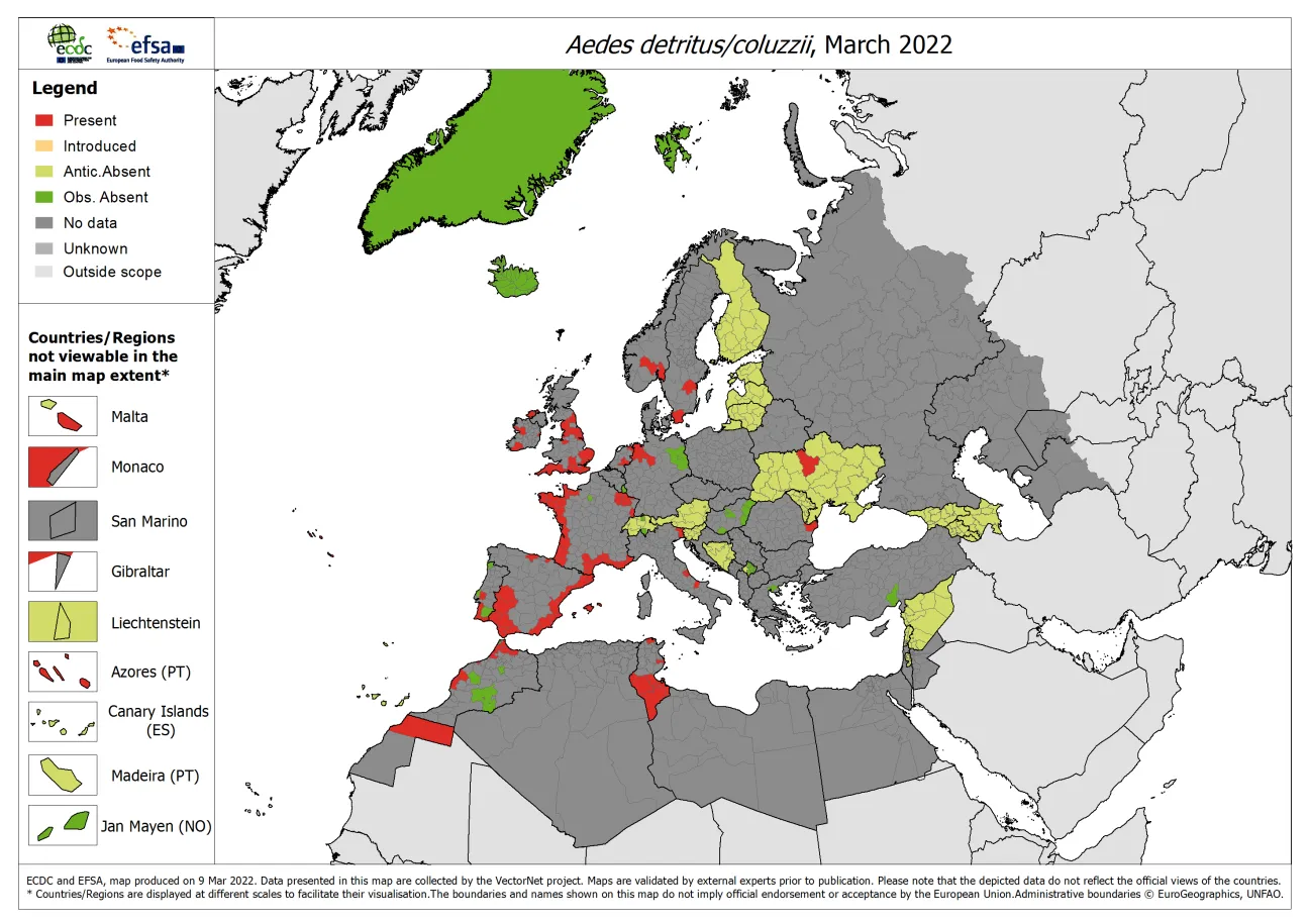 Aedes detritus/Aedes coluzzii - current known distribution: March 2022