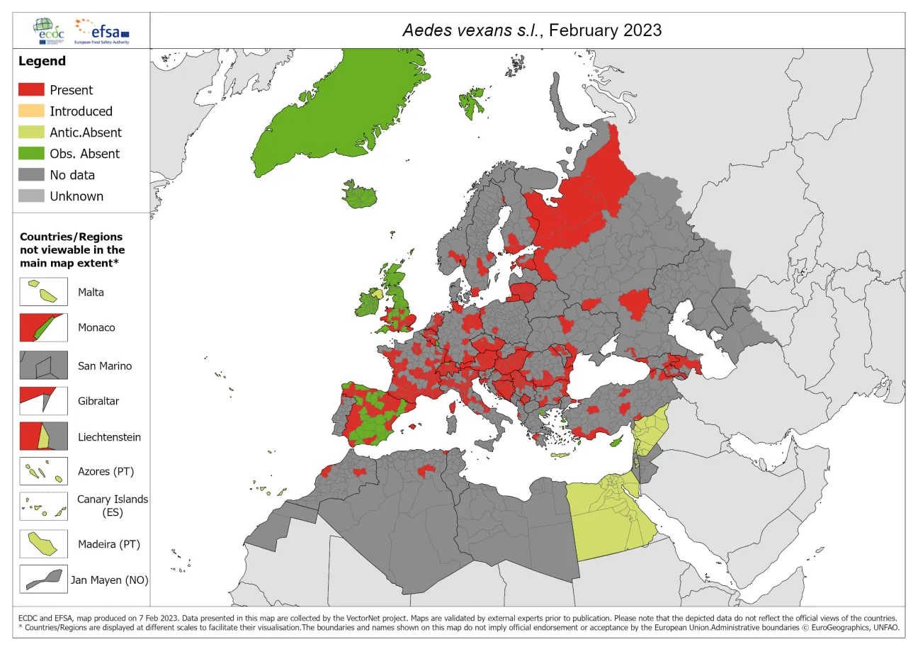 Aedes vexans s.l. - current known distribution: February 2023