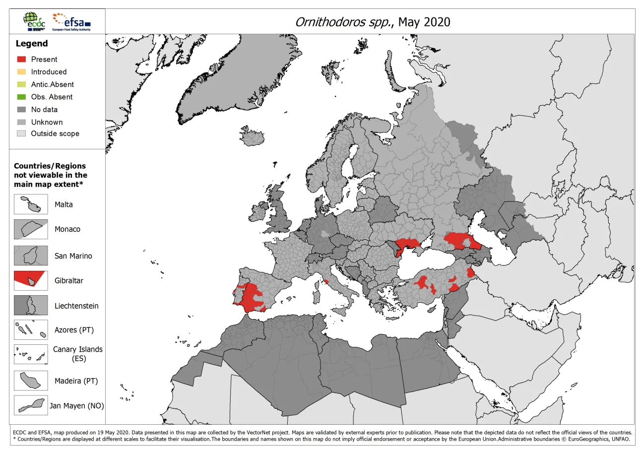 Ornithodorus spp. - current known distribution: May 2020